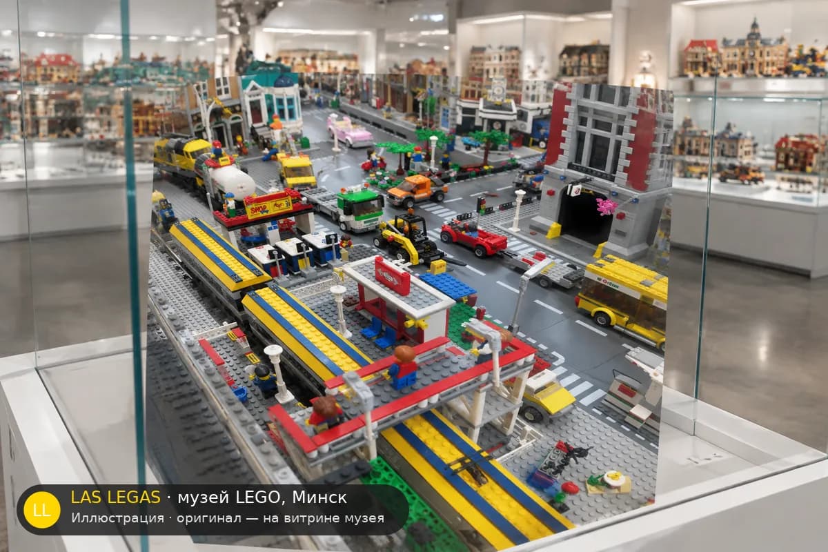 Иллюстрация: LEGO 7937 Железнодорожная станция на витрине в зале музея Las Legas