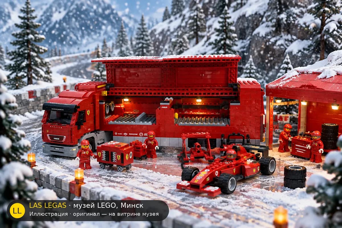 Иллюстрация: LEGO 8654 Грузовик Scuderia Ferrari в диораме своего сюжета