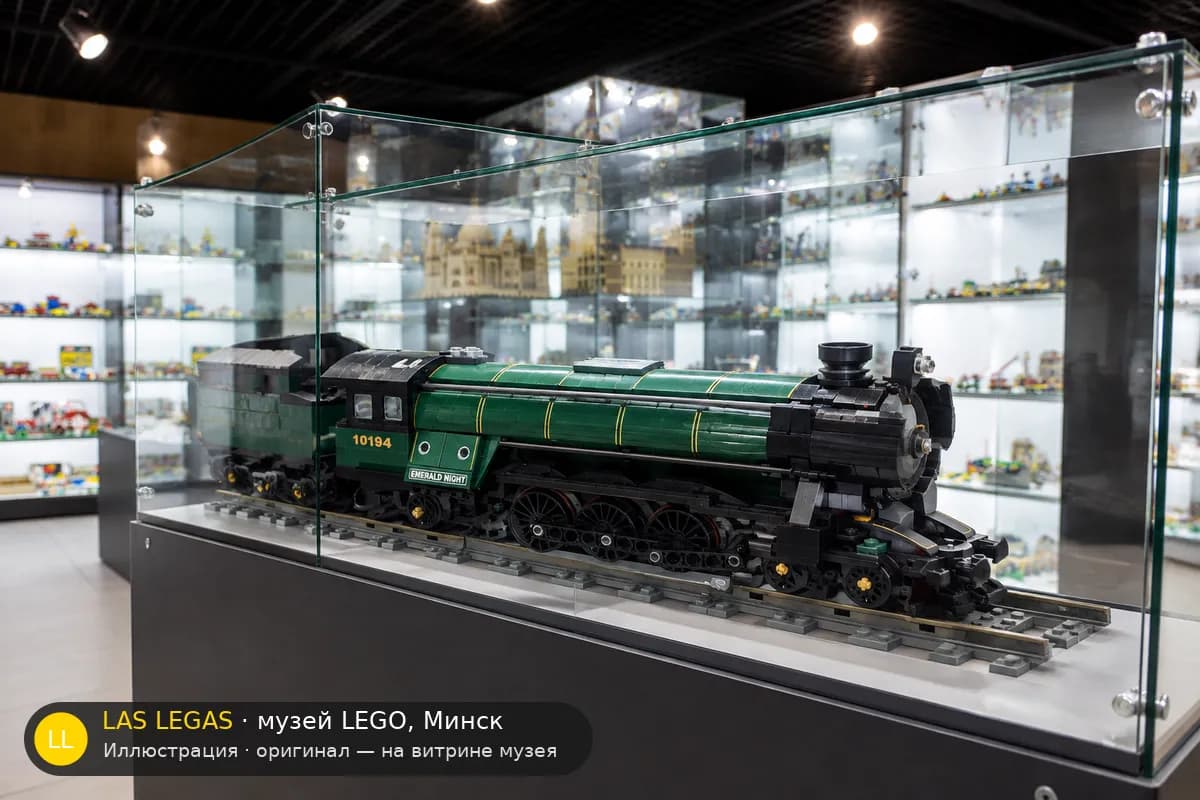 Иллюстрация: LEGO 10194 Изумрудный паровоз на витрине в зале музея Las Legas