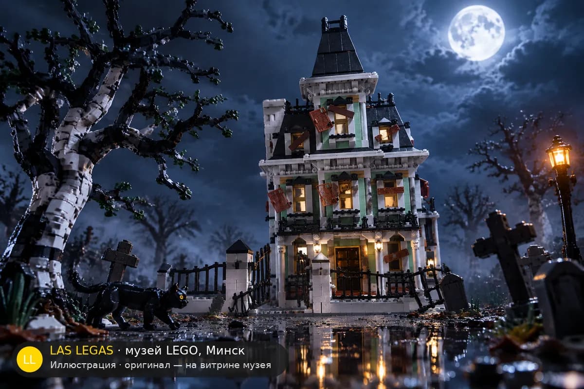Иллюстрация: LEGO 10228 Дом с привидениями в диораме своего сюжета