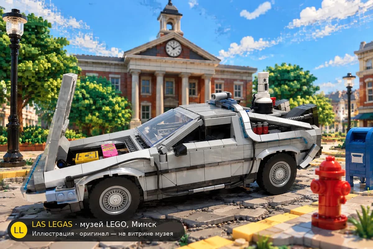 Иллюстрация: LEGO 10300 Назад в будущее. Машина времени в диораме своего сюжета