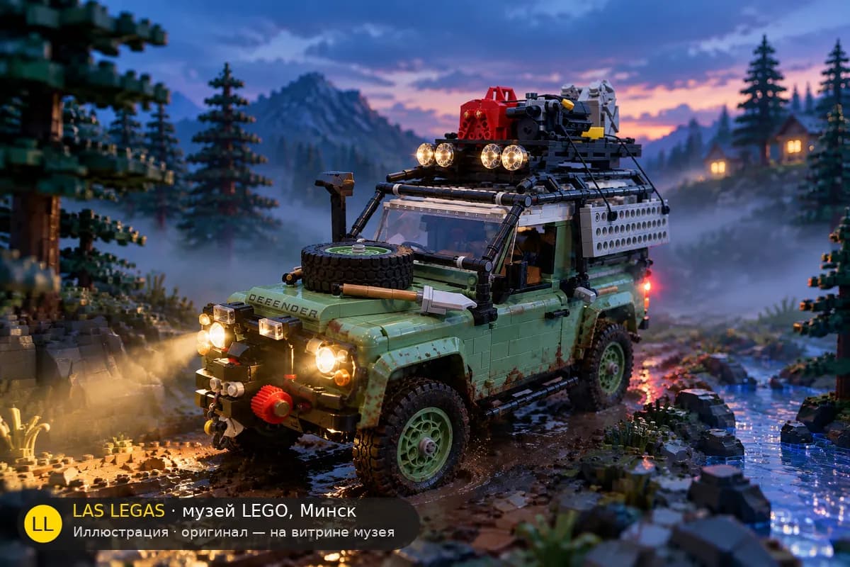 Иллюстрация: LEGO 10317 Ленд Ровер Классик Дефендер 90 в диораме своего сюжета