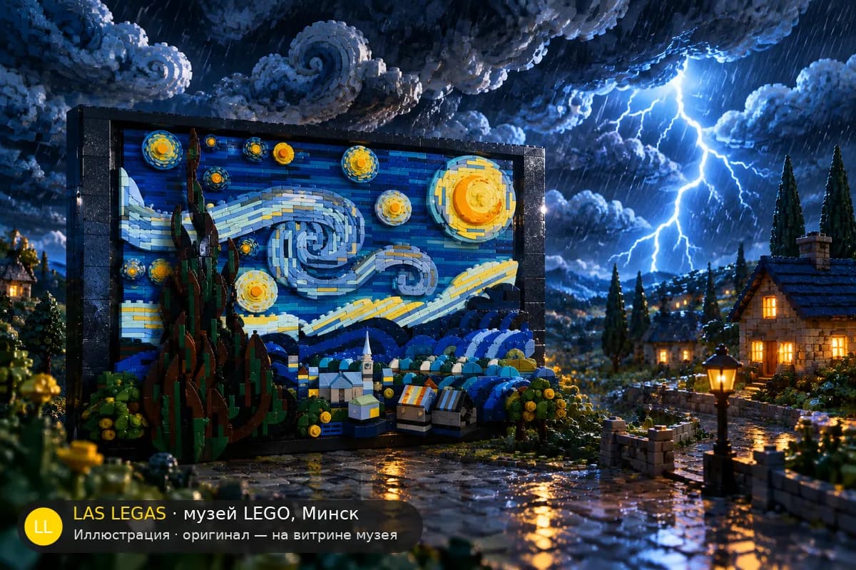 Иллюстрация: LEGO 21333 Звёздная ночь Винсента ван Гога в диораме своего сюжета