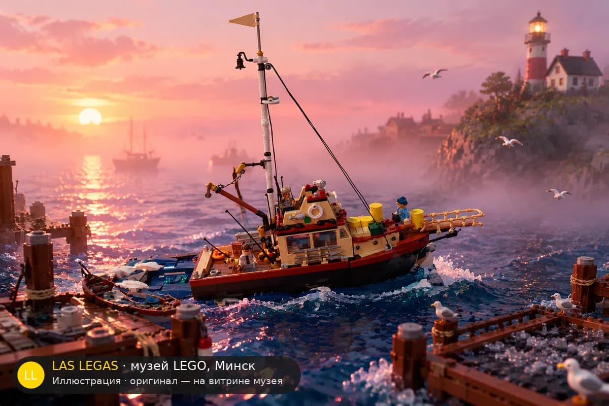 Иллюстрация: LEGO 21350 Челюсти в диораме своего сюжета