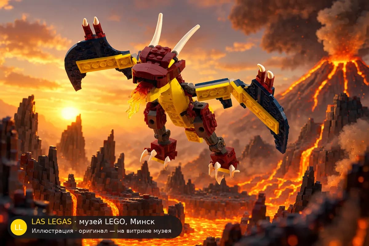 Иллюстрация: LEGO 31102 Огнедышащий дракон в диораме своего сюжета