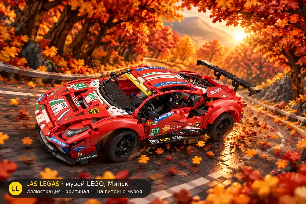 Иллюстрация: LEGO 42125 Ferrari 488 GTE «AF Corse #51» в диораме своего сюжета
