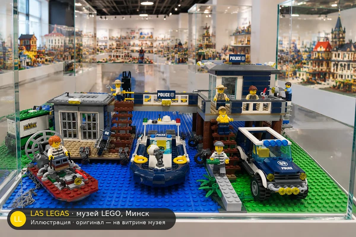 Иллюстрация: LEGO 60069 Полицейский участок в болоте на витрине в зале музея Las Legas