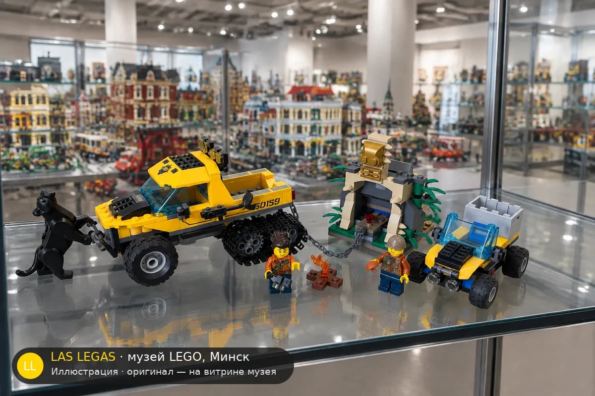 Иллюстрация: LEGO 60159 Миссия в джунглях на полугусеничном вездеходе на витрине в зале музея Las Legas