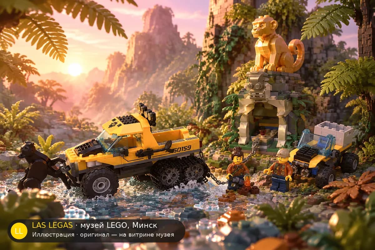 Иллюстрация: LEGO 60159 Миссия в джунглях на полугусеничном вездеходе в диораме своего сюжета