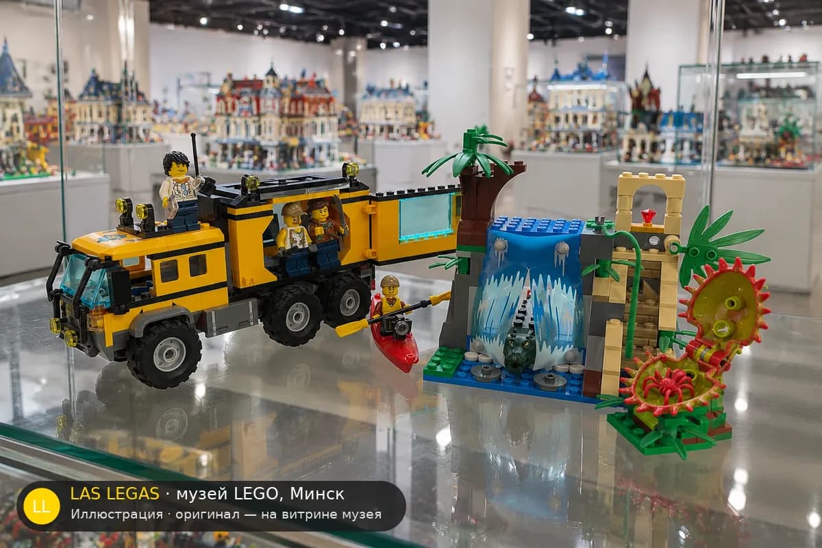 Иллюстрация: LEGO 60160 Джунгли: Мобильная лаборатория на витрине в зале музея Las Legas