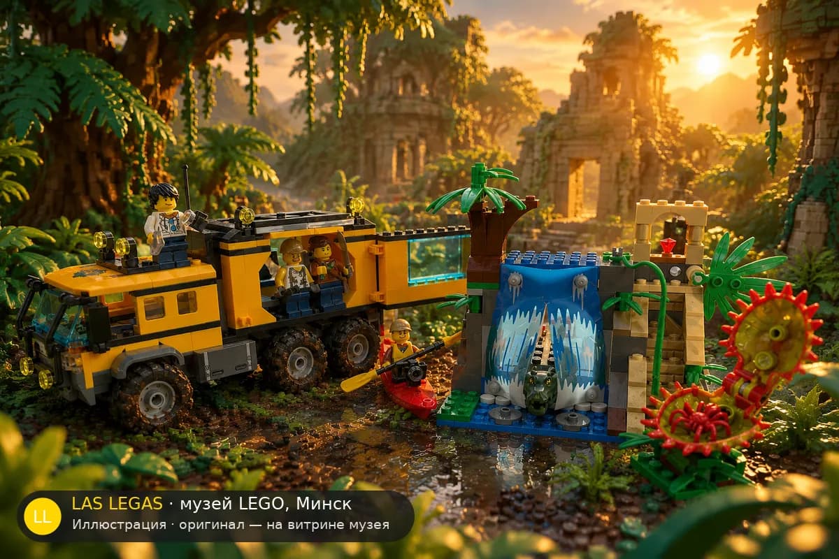Иллюстрация: LEGO 60160 Джунгли: Мобильная лаборатория в диораме своего сюжета