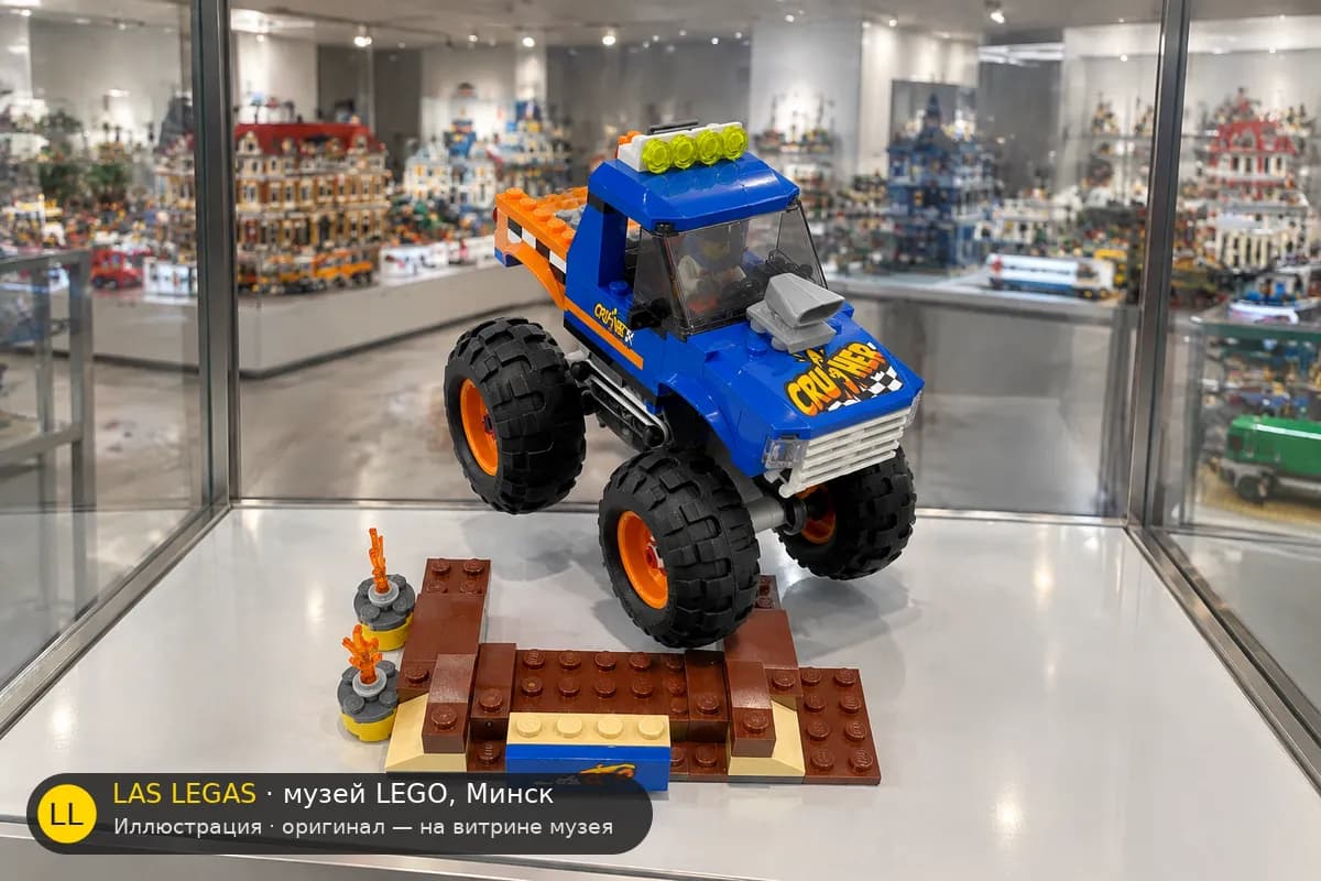 Иллюстрация: LEGO 60180 Грузовик-монстр на витрине в зале музея Las Legas