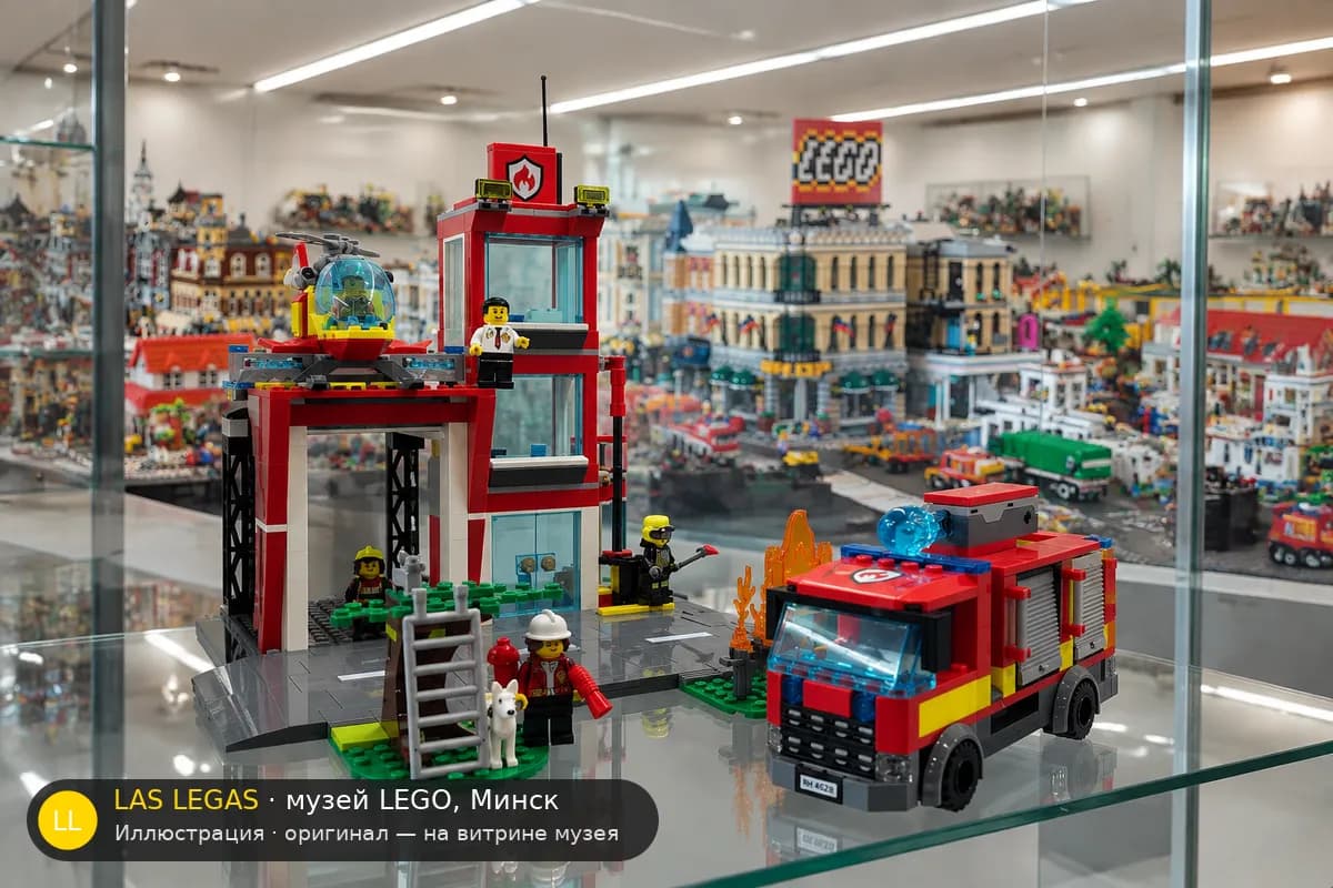 Иллюстрация: LEGO 60320 Пожарная часть на витрине в зале музея Las Legas