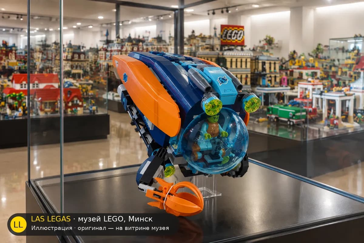Иллюстрация: LEGO 60379 Подводная лодка исследователей глубин на витрине в зале музея Las Legas