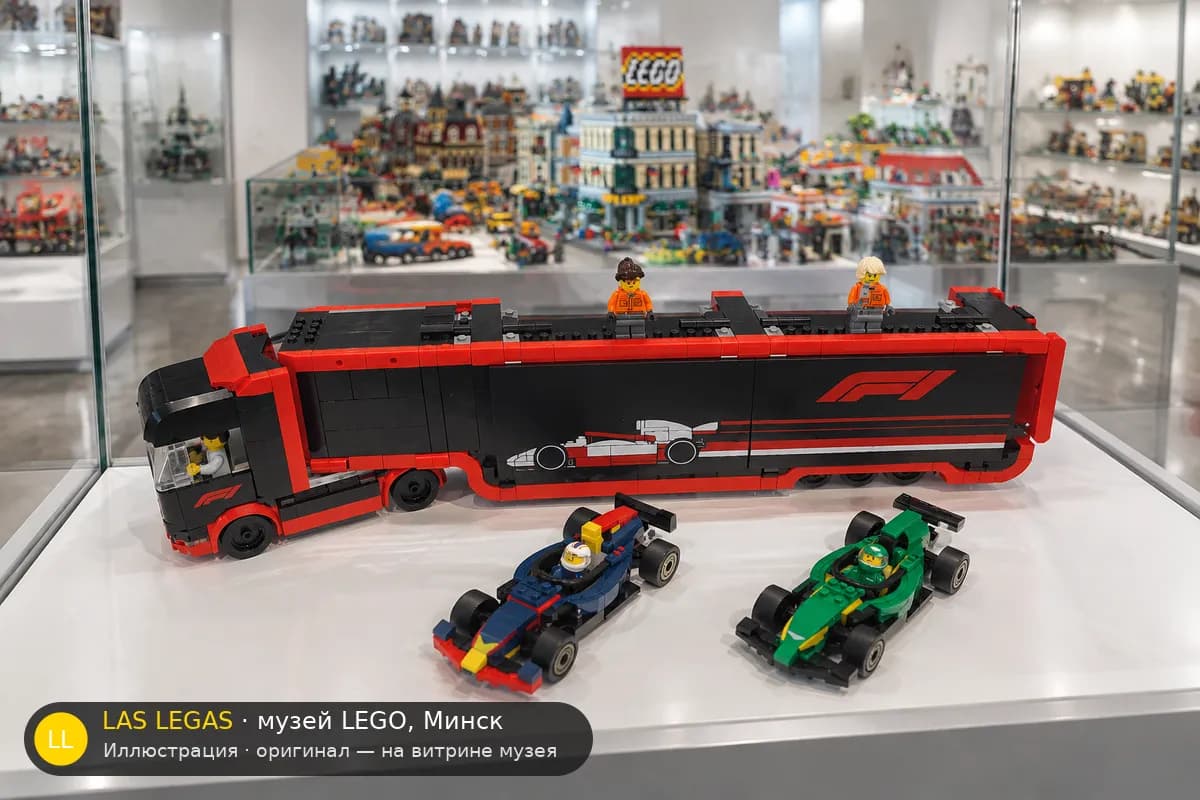 Иллюстрация: LEGO 60445 Грузовик F1 с болидами RB20 и AMR24 на витрине в зале музея Las Legas
