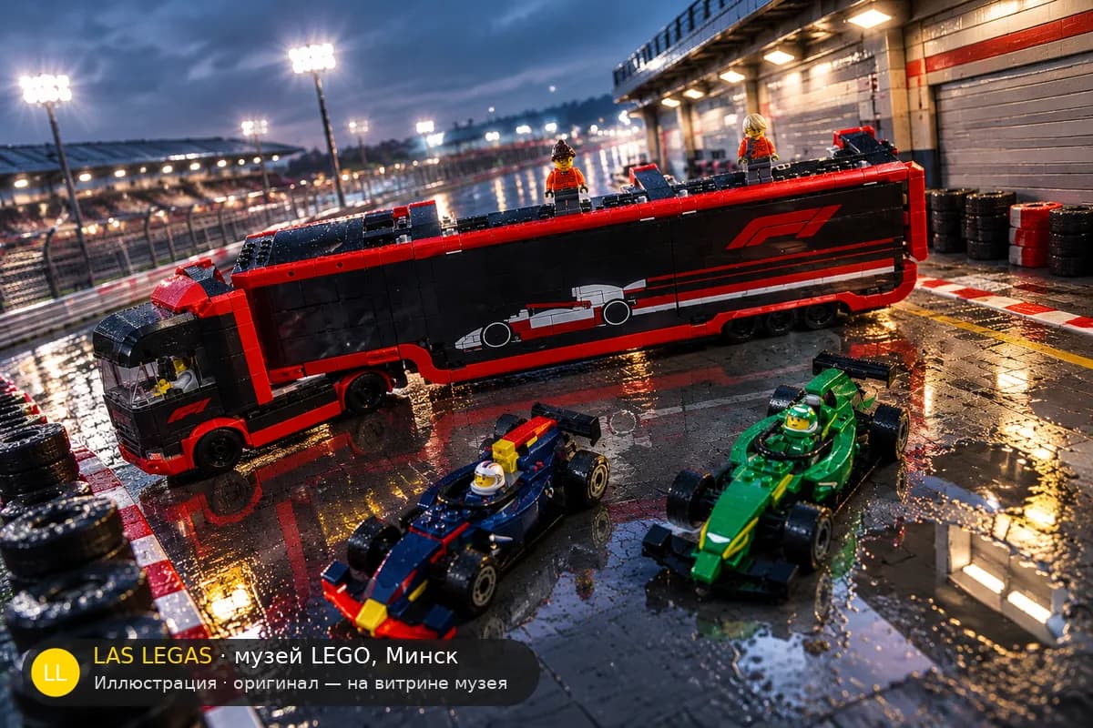 Иллюстрация: LEGO 60445 Грузовик F1 с болидами RB20 и AMR24 в диораме своего сюжета
