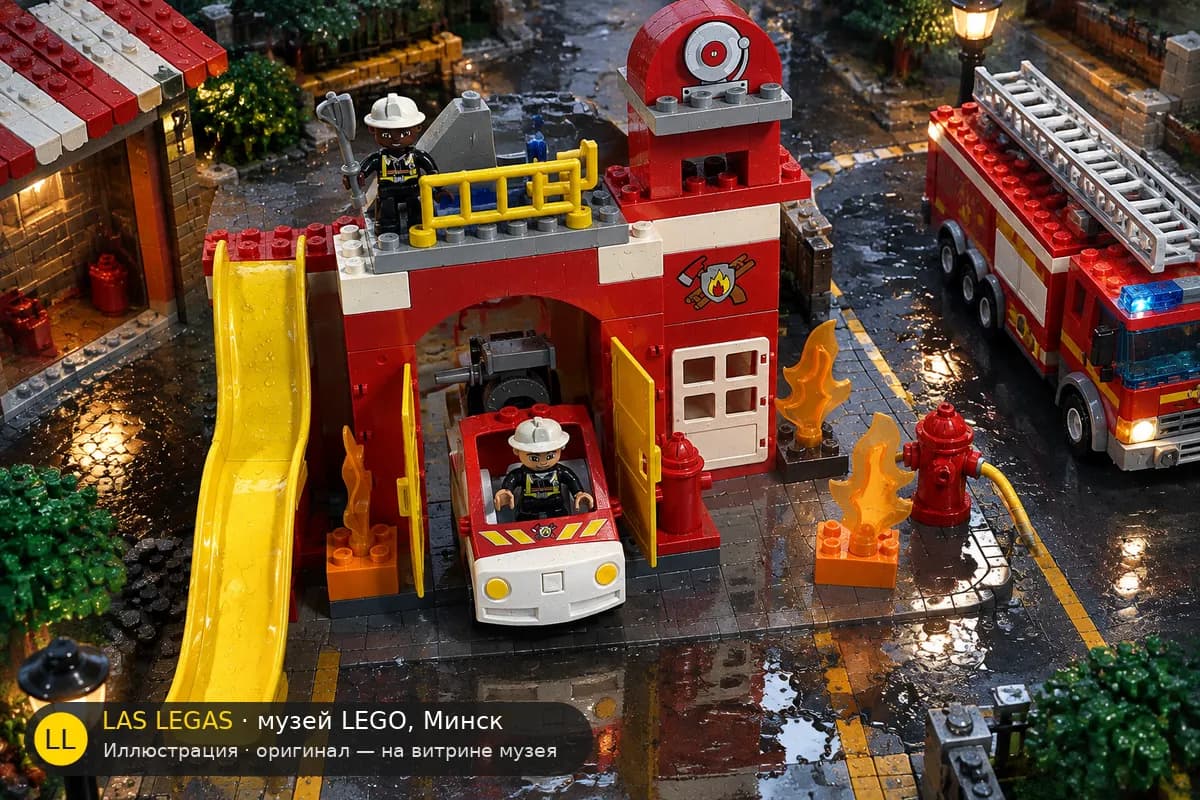 Иллюстрация: LEGO 6168 Пожарная станция в диораме своего сюжета