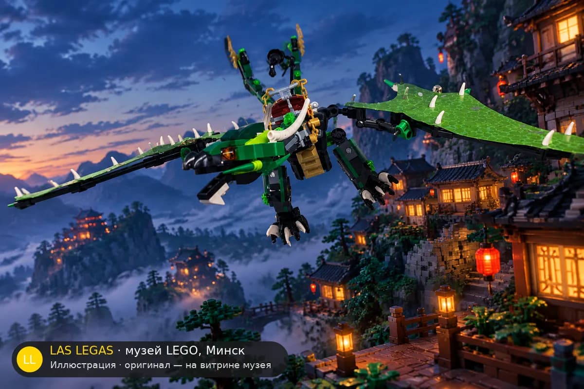 Иллюстрация: LEGO 70593 Зелёный энергетический дракон в диораме своего сюжета