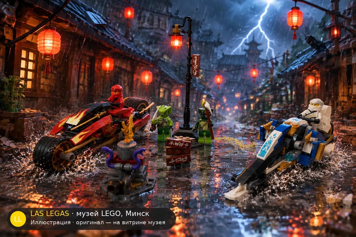 Иллюстрация: LEGO 70667 Мотоцикл Кая и снегоход Зейна в диораме своего сюжета
