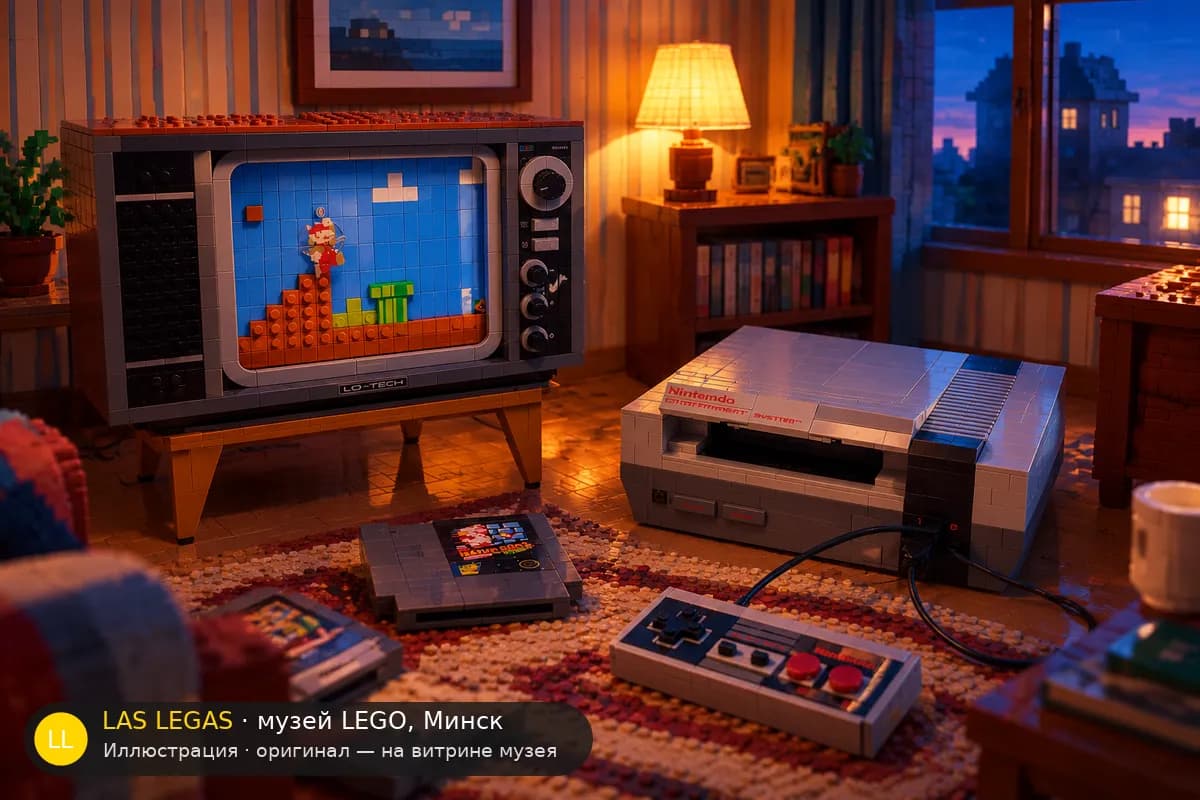 Иллюстрация: LEGO 71374 Nintendo Entertainment System в диораме своего сюжета