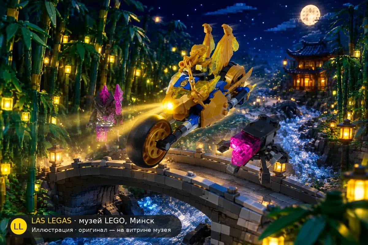 Иллюстрация: LEGO 71768 Мотоцикл Джея на золотом драконе в диораме своего сюжета