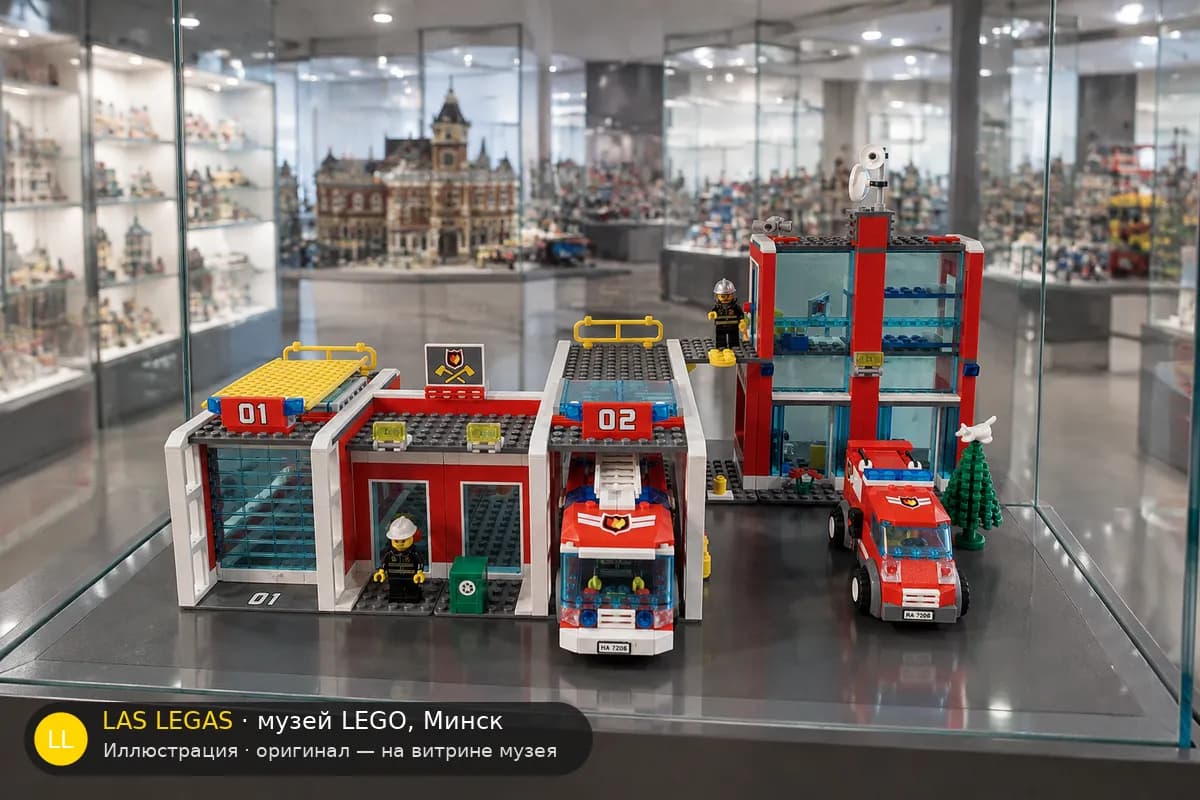 Иллюстрация: LEGO 7208 Пожарная станция на витрине в зале музея Las Legas