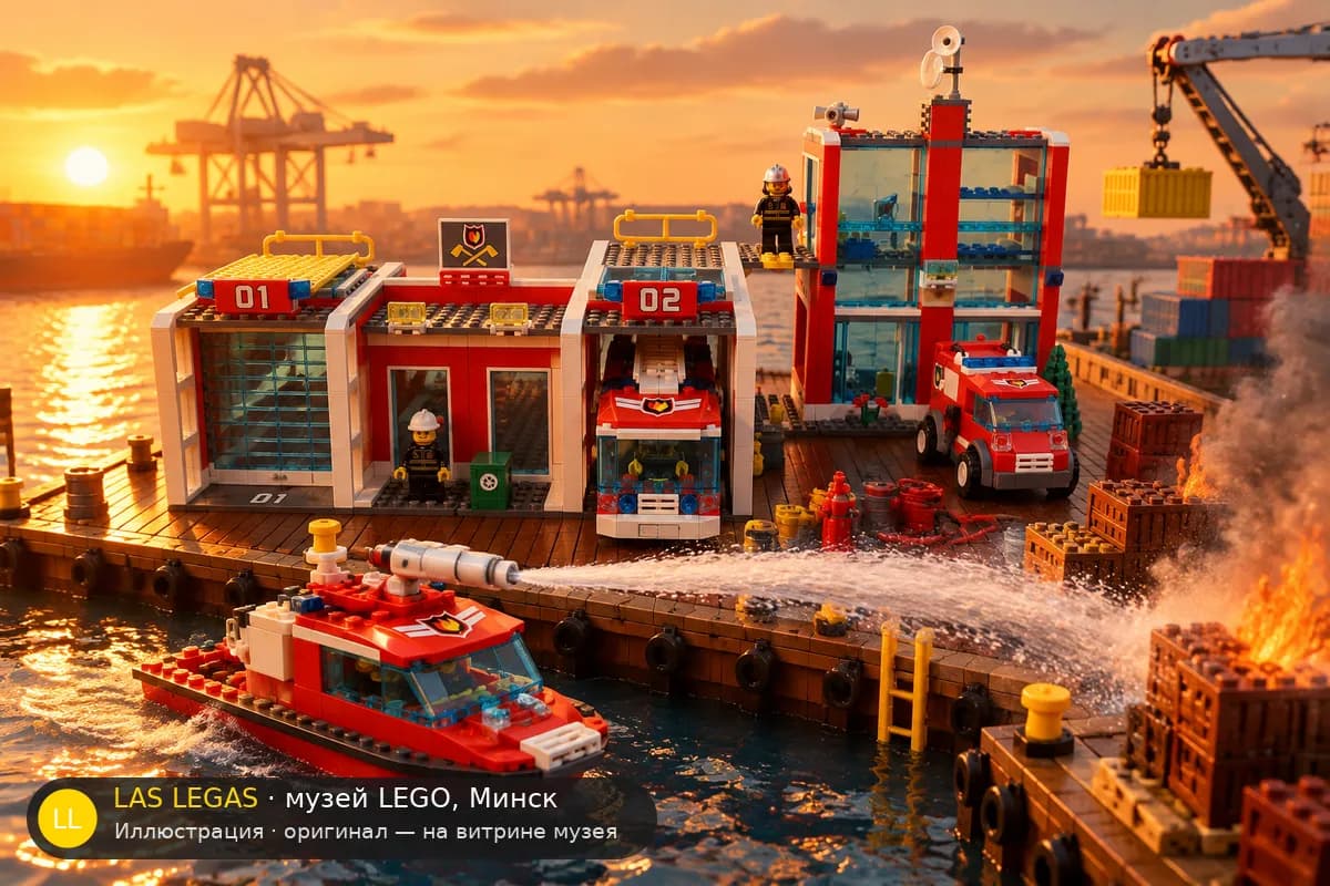 Иллюстрация: LEGO 7208 Пожарная станция в диораме своего сюжета