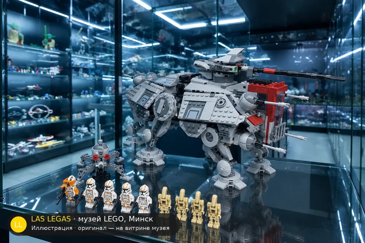 Иллюстрация: LEGO 75337 AT-TE Walker на витрине в зале музея Las Legas