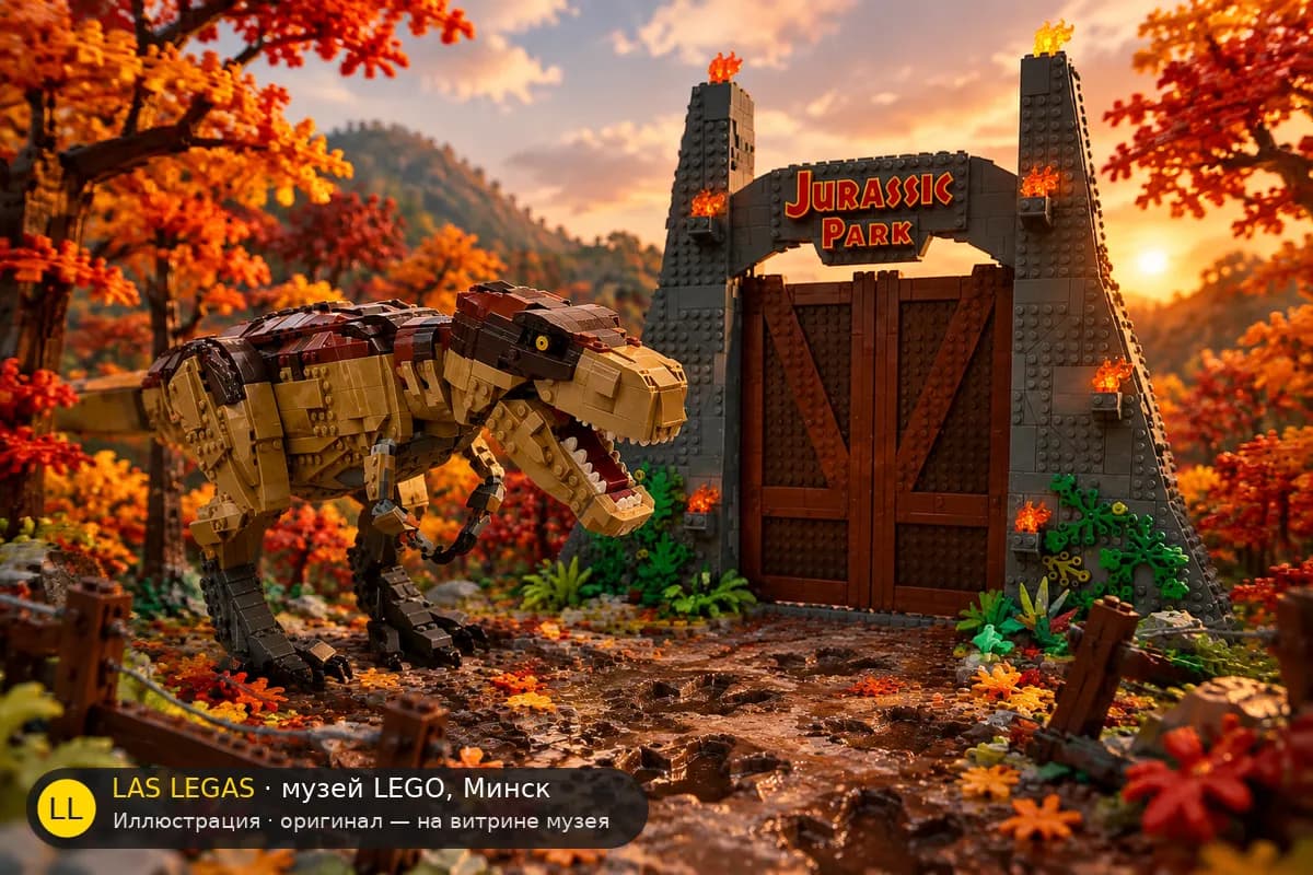 Иллюстрация: LEGO 75936 Парк юрского периода: Рев тираннозавра в диораме своего сюжета