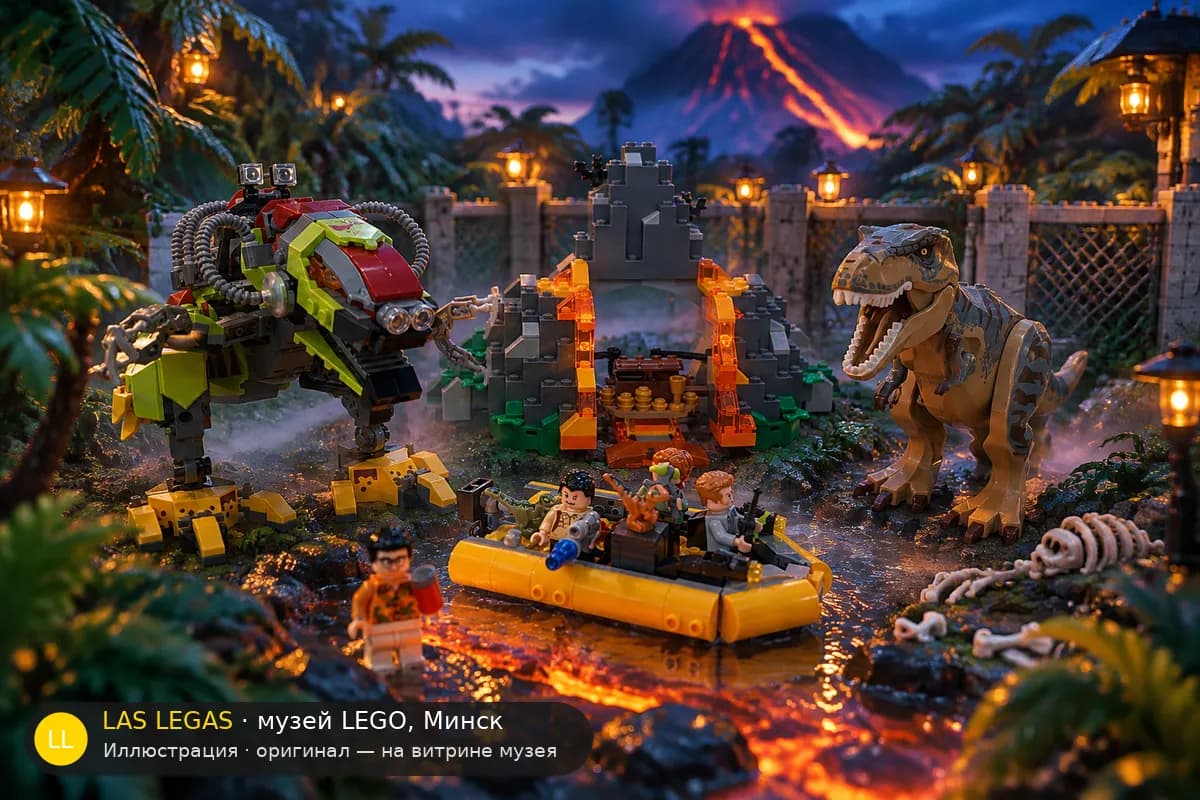 Иллюстрация: LEGO 75938 T. rex против динозавра-меха в диораме своего сюжета