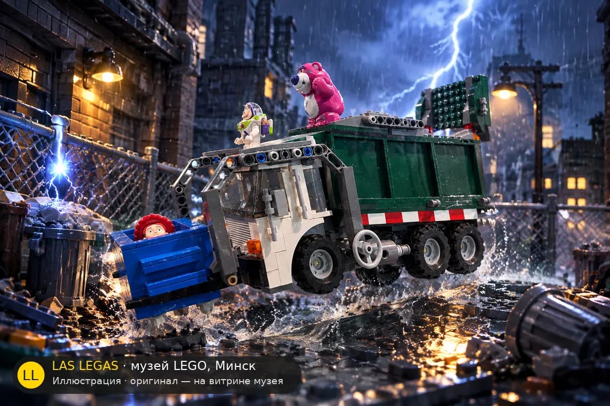 Иллюстрация: LEGO 7599 Побег на мусоровозе в диораме своего сюжета