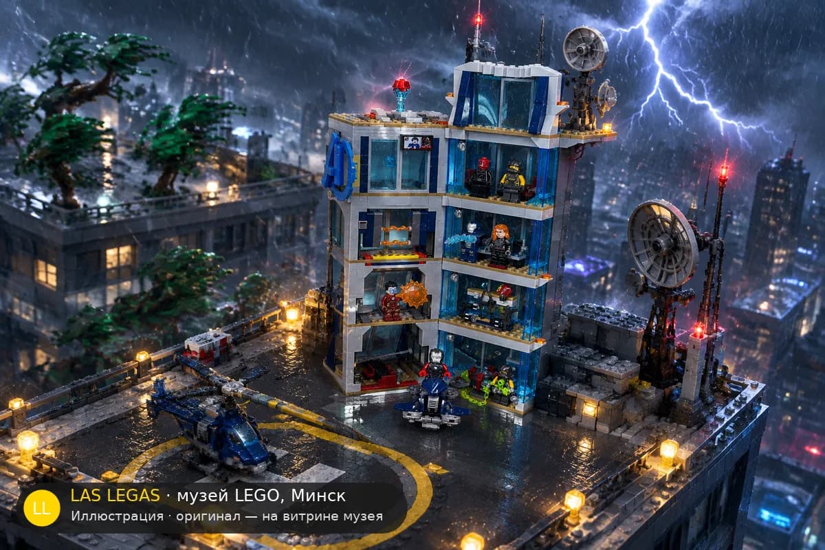 Иллюстрация: LEGO 76166 Башня Мстителей в диораме своего сюжета