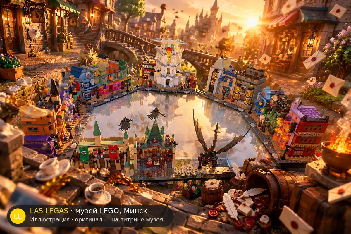 Иллюстрация: LEGO 76444 Косой переулок: Волшебные лавки в диораме своего сюжета
