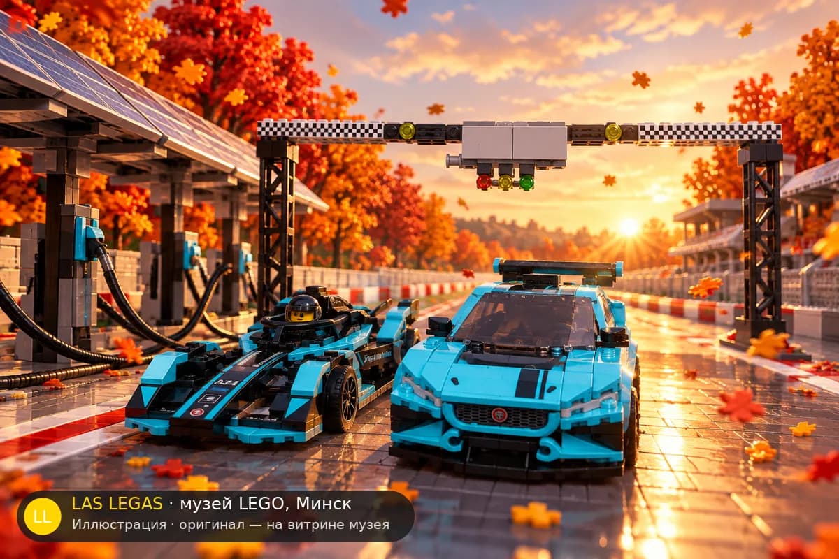 Иллюстрация: LEGO 76898 Формула E Panasonic Jaguar Racing GEN2 и Jaguar I-PACE eTROPHY в диораме своего сюжета