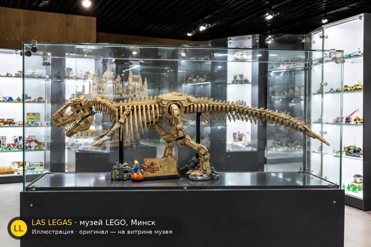 Иллюстрация: LEGO 76968 Скелет тираннозавра на витрине в зале музея Las Legas