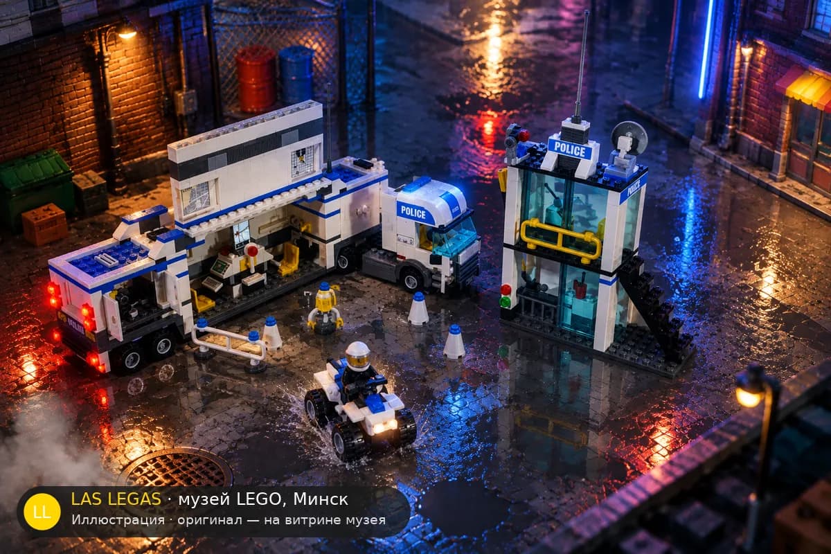 Иллюстрация: LEGO 7743 Мобильная полиция в диораме своего сюжета