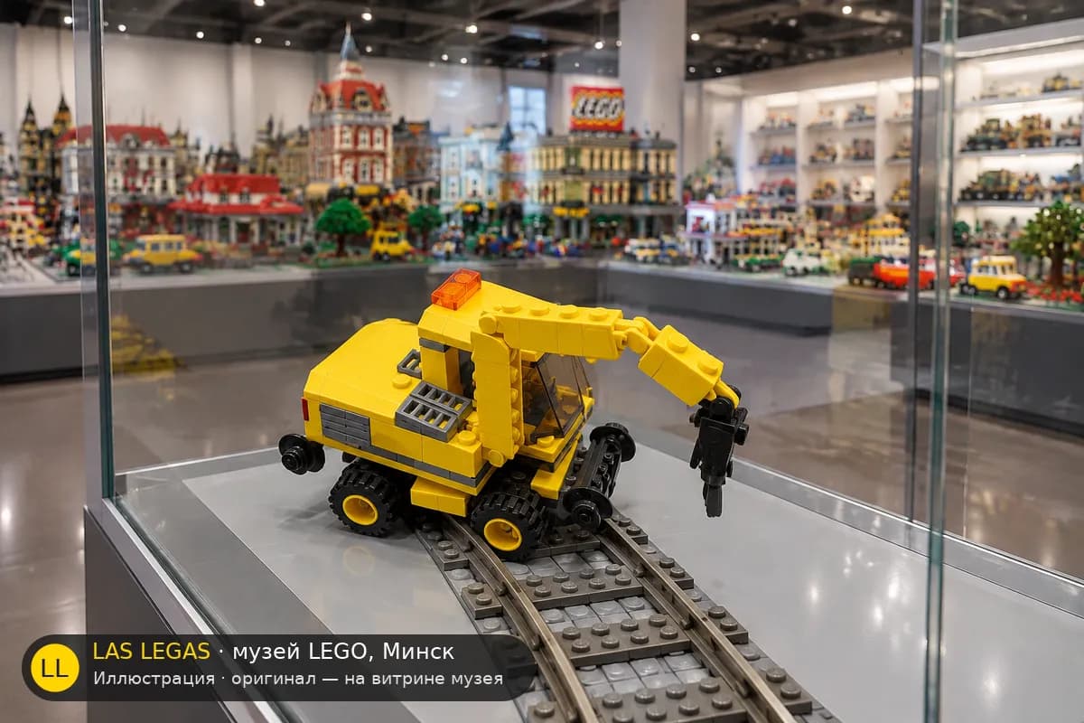 Иллюстрация: LEGO 7936 Железнодорожный переезд на витрине в зале музея Las Legas