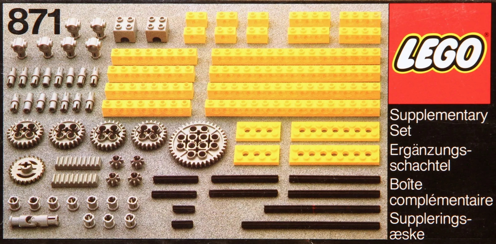 Supplementary Set 871, серия Technic, 78 деталей, 1977 год. Один из первых наборов серии, детали значительно отличаются от современных