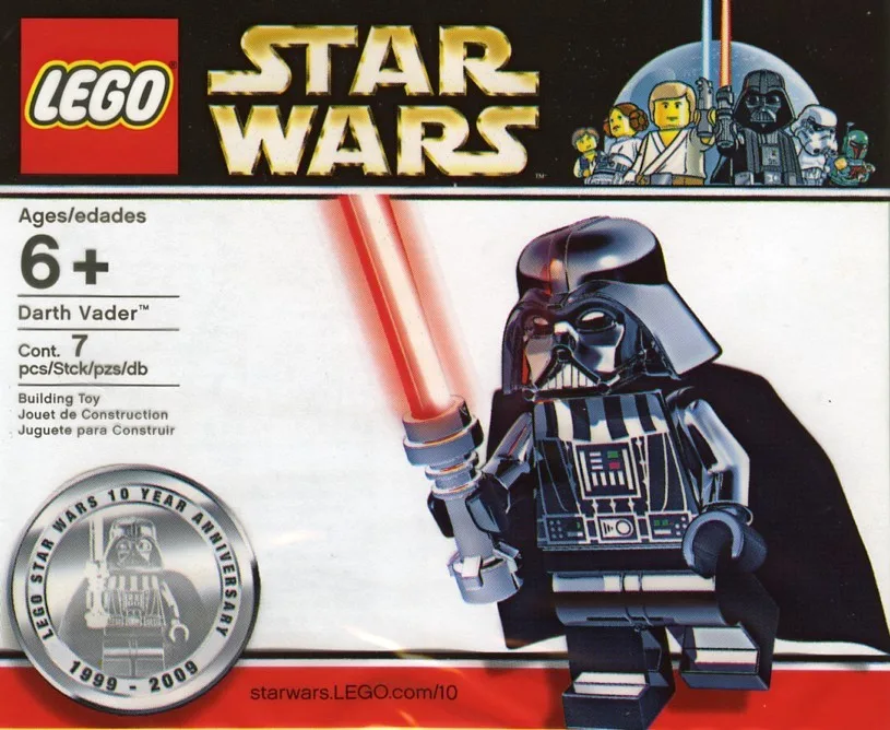 Darth Vader 4547551, серия Star Wars, 7 деталей, 2009 год. В честь 10-летия LEGO Star Wars компания выпустила минифигурки Дарта Вейдера в хромированном корпусе, 10 000 упаковок с фигурками Вейдера были случайным образом вложены в наборы LEGO Star Wars 2009 года