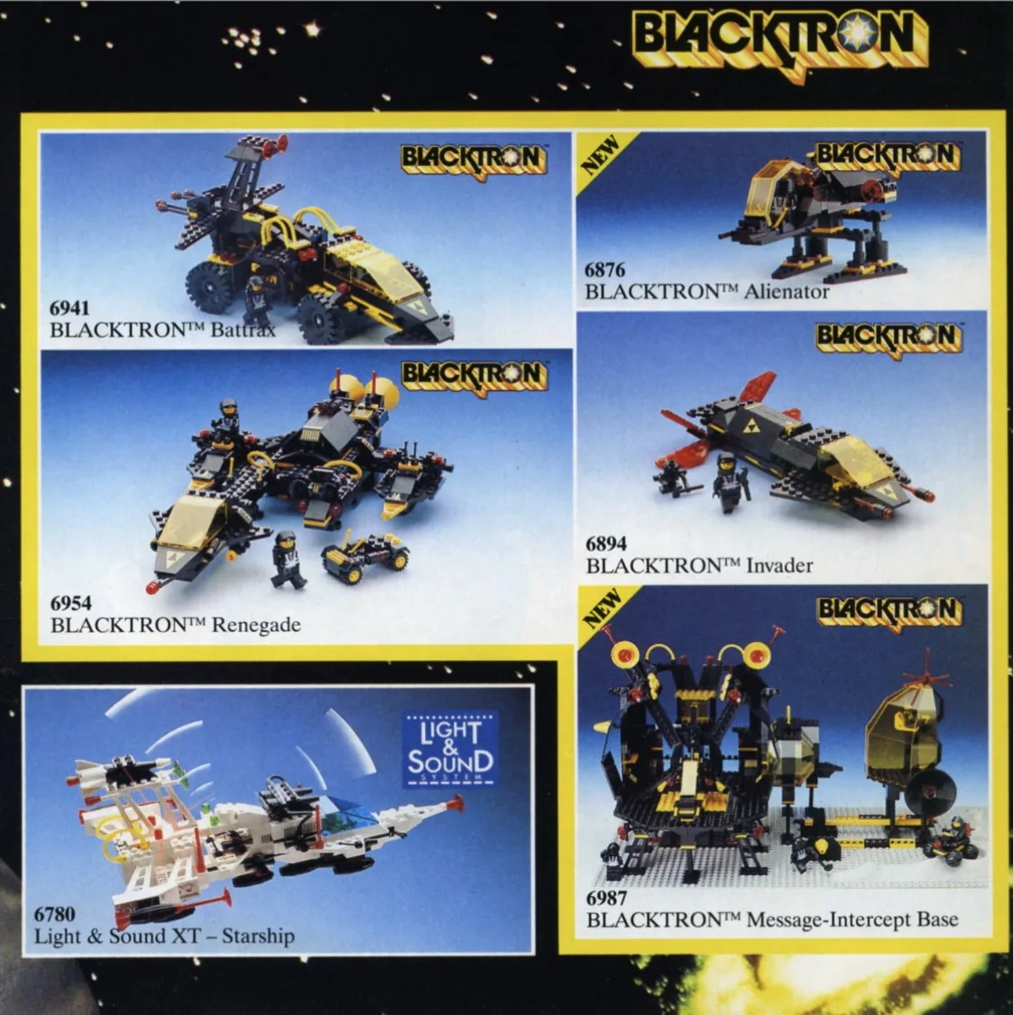 Подсерия Blacktron (1987–1988). Черно-желтые цвета, красные стекла. Первая «злодейская» фракция, космические пираты